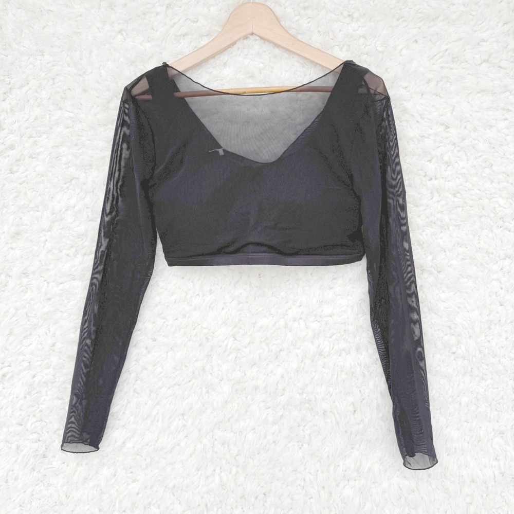 Laslulu Sheer Built in Bra Black Mesh‎ Long Sleeve Crop Top Gym Workout Shirt L